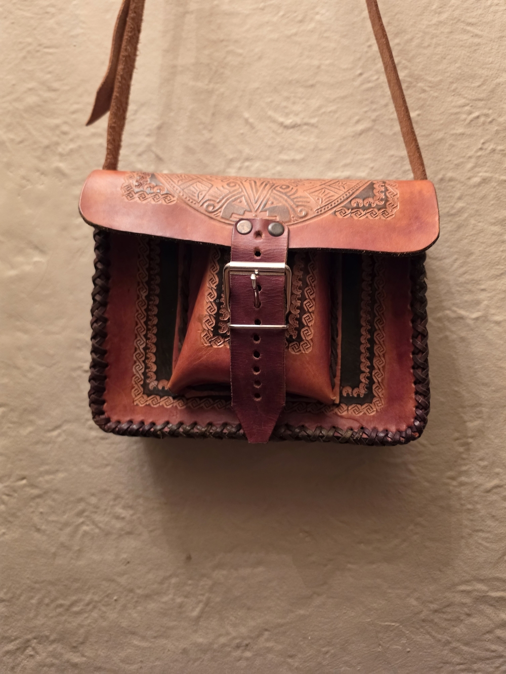 Vintage Hand Tooled Leather Aztec Calendar Crossbody Boho Purse - Picture 2 of 11